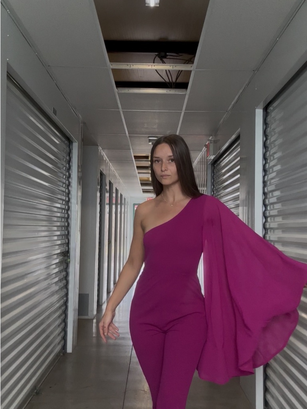 One-Shoulder Magenta Jumpsuit with Dramatic Sleeve